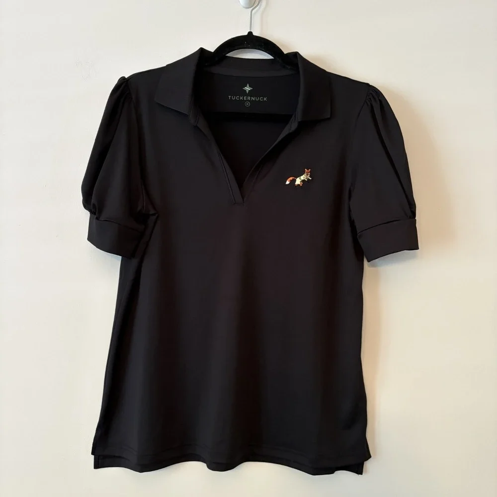 Tuckernuck Peggy Puff Sleeve Polo Top Black Size M River Bend Golf Club Fox Logo